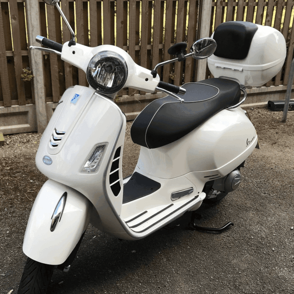 Vespa GTS Super Top Box/Rear Folding Rack Installed at Scooteria.