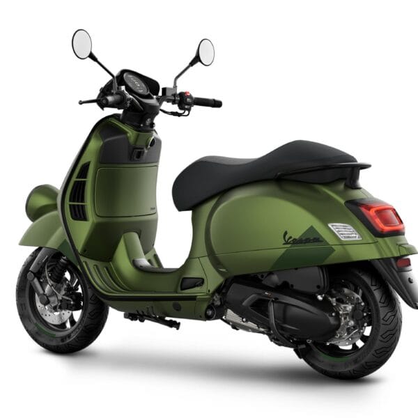 Vespa 2026 GTV 300 Verde Ribelle Green Left Rear Angle